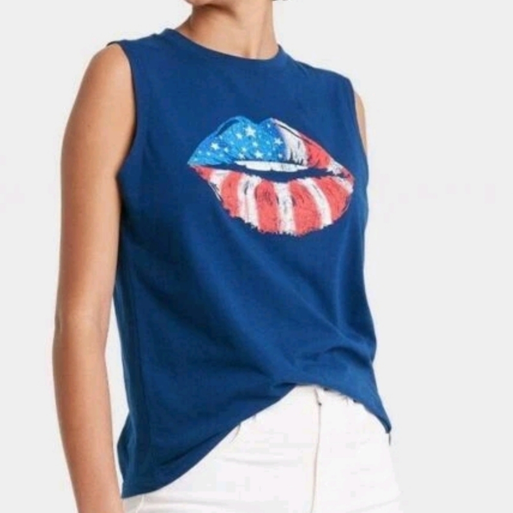 Blue Sleeveless Top with Graphic Flag 'LIPS' Print